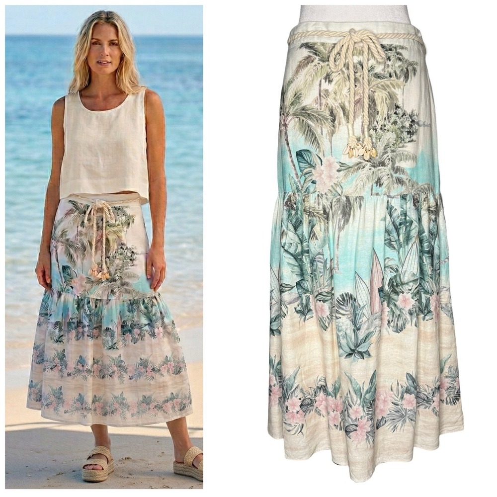Joie Midi Skirt Tiered‎ Medium Linen Blend Rope Shell Belt Hawaiian Beach Pastel